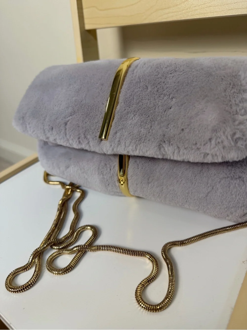 Grey Faux Fur Clutch Bag with Gold Chain Strap